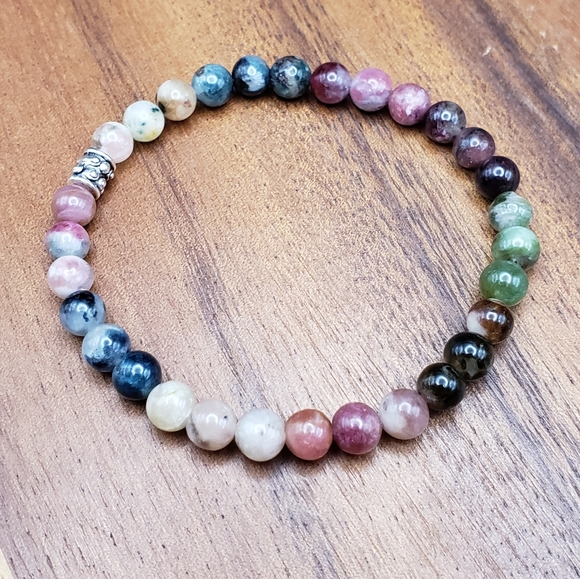 SOLD Watermelon Tourmaline & Silver Accent Beads Bracelet - Picture 4 of 11